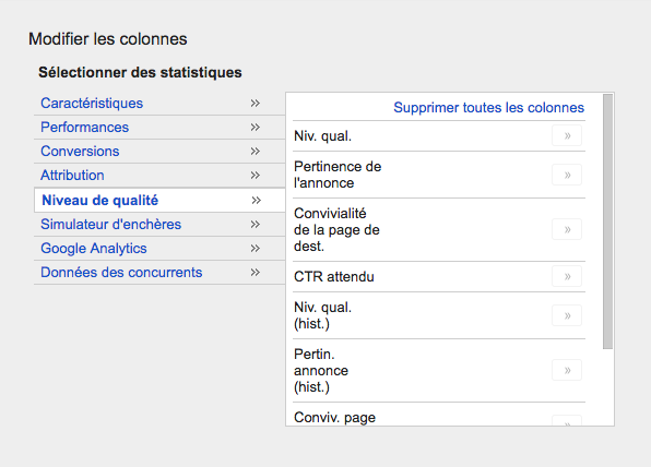 Colonnes Google AdWords