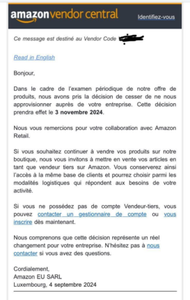 Le message d'Amazon à ses vendeurs 1P
